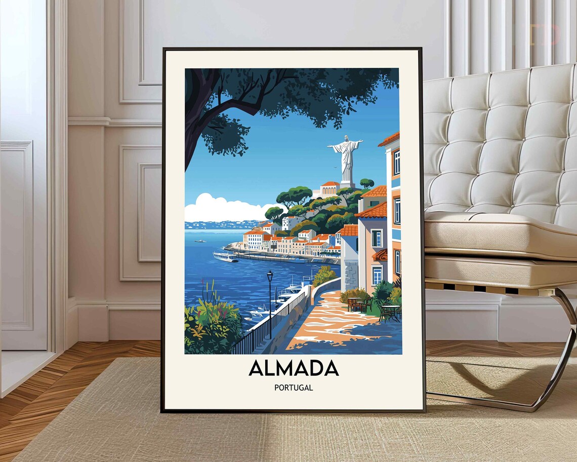 Almada Portugal Riverside Christ Statue Vintage Style Travel Poster