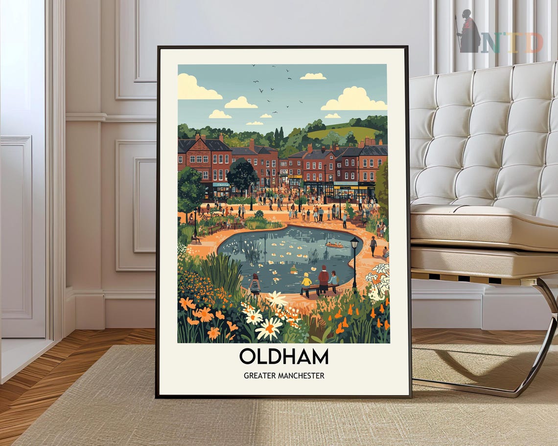 Oldham Greater Manchester Flower Garden and Pond Vintage Travel Poster