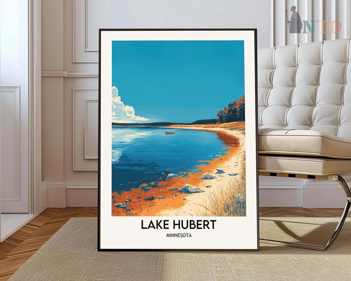 Lake Hubert Minnesota Calm Blue Lake Canoe Shore Vintage Travel Poster