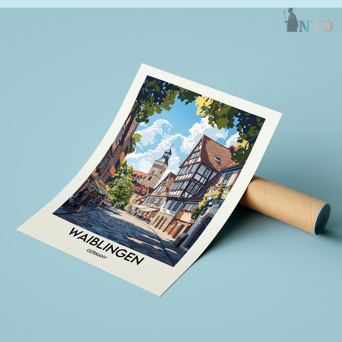 Waiblingen Germany Half Timbered Old Town Street Retro Travel Poster