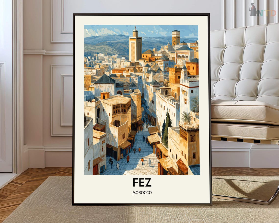 Fez Morocco Ancient Medina Skyline Vintage Travel Poster Art