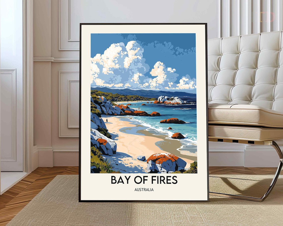 Bay Of Fires Tasmania Orange Lichen Rocks Beach Travel Art Poster