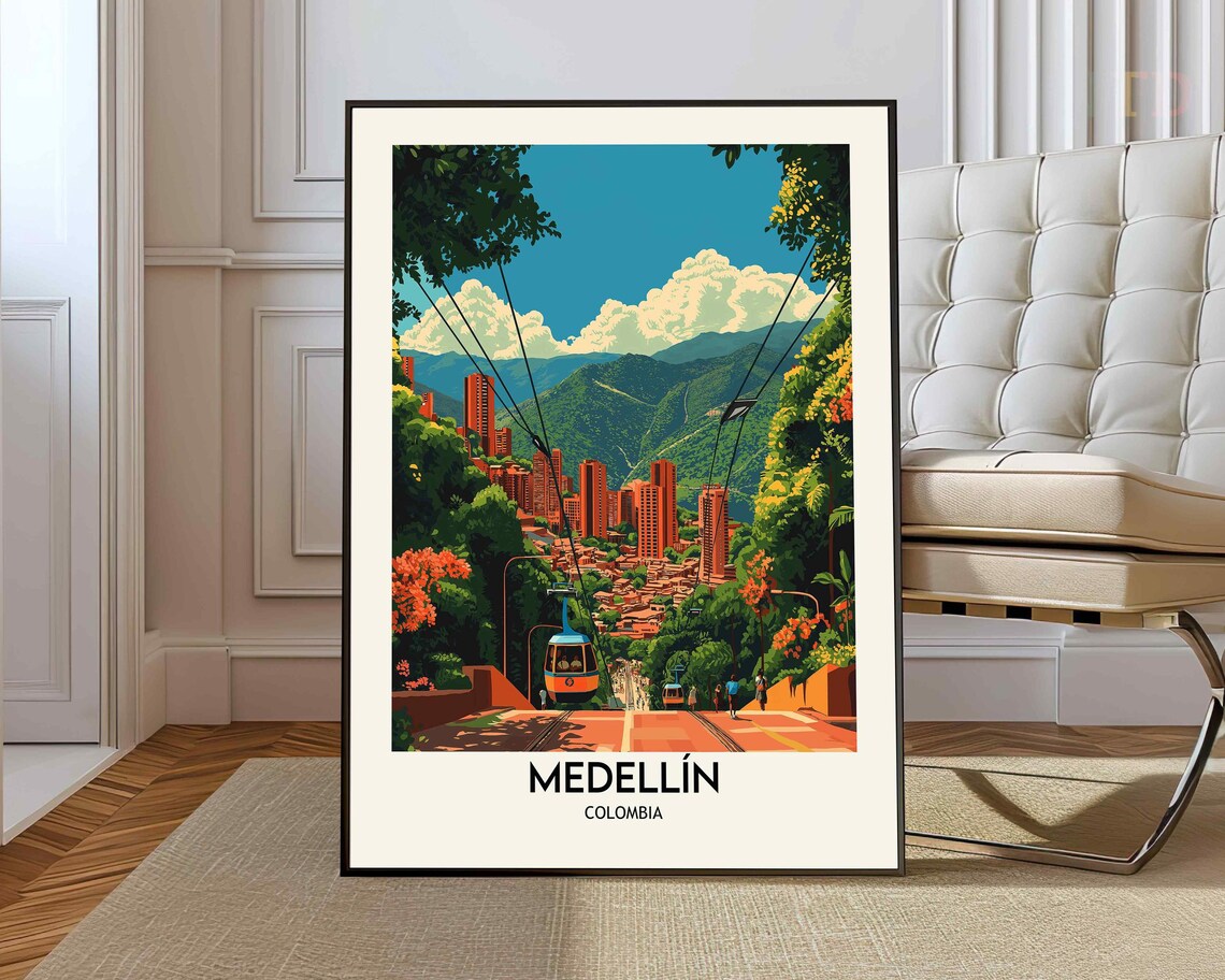 Medellin Colombia Cable Car Green Mountain City Travel Poster
