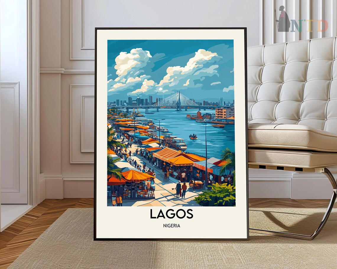 Lagos Nigeria Vibrant Waterfront Market Illustration Travel Poster