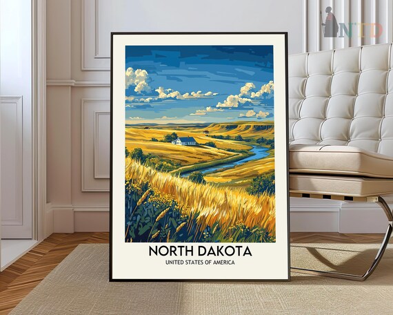 North Dakota Golden Wheat Fields Vintage Travel Style Poster