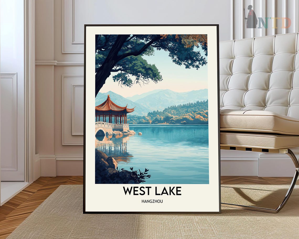West Lake Hangzhou Pavilion Sunrise Mountains China Travel Poster