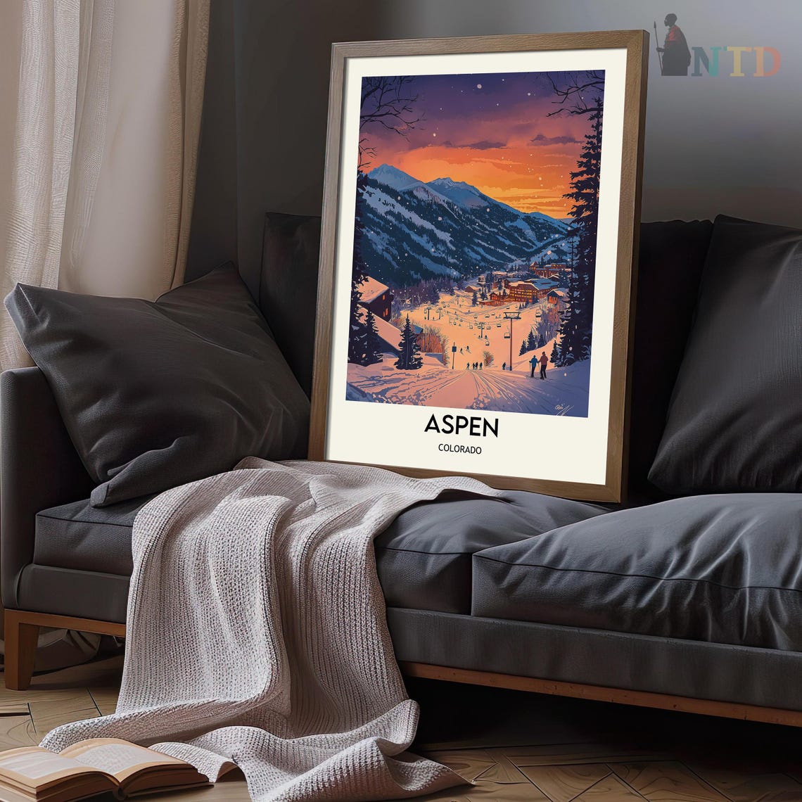 Ski Village Under a Purple Sunset Aspen Colorado Travel Poster - Image 3