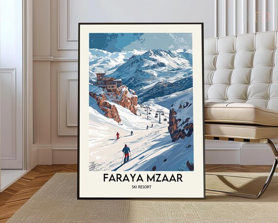 Faraya Mzaar Lebanon Ski Resort Snowy Peaks Vintage Travel Poster