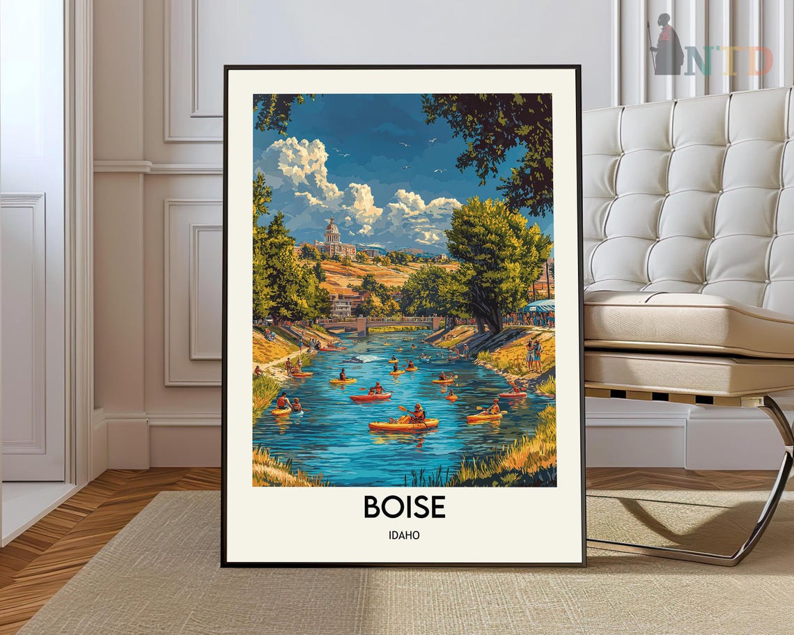 Boise Idaho River Kayakers Downtown Capitol Dome Travel Poster