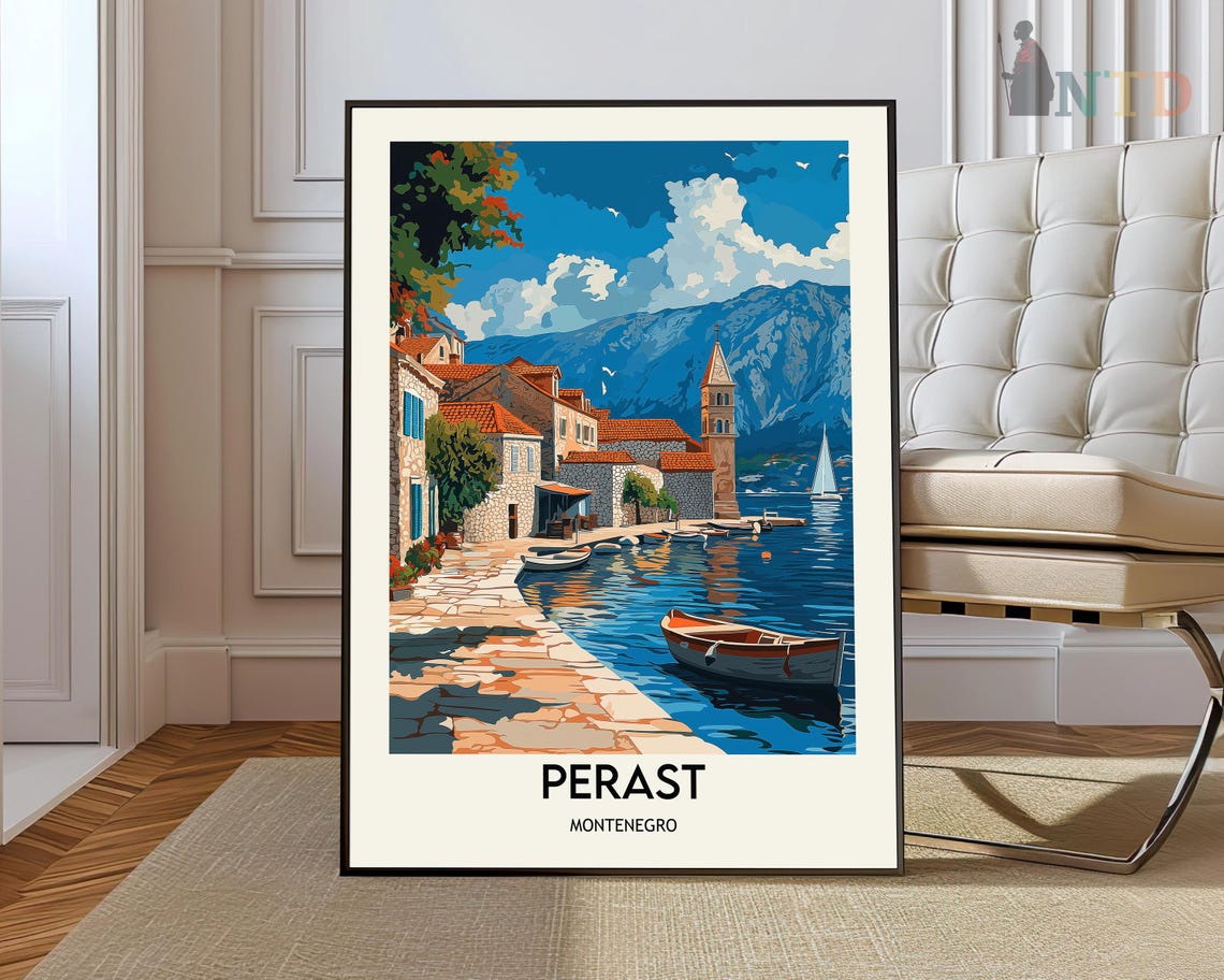 Perast Montenegro Harbor Rowboats And Sailboat Travel Poster Art