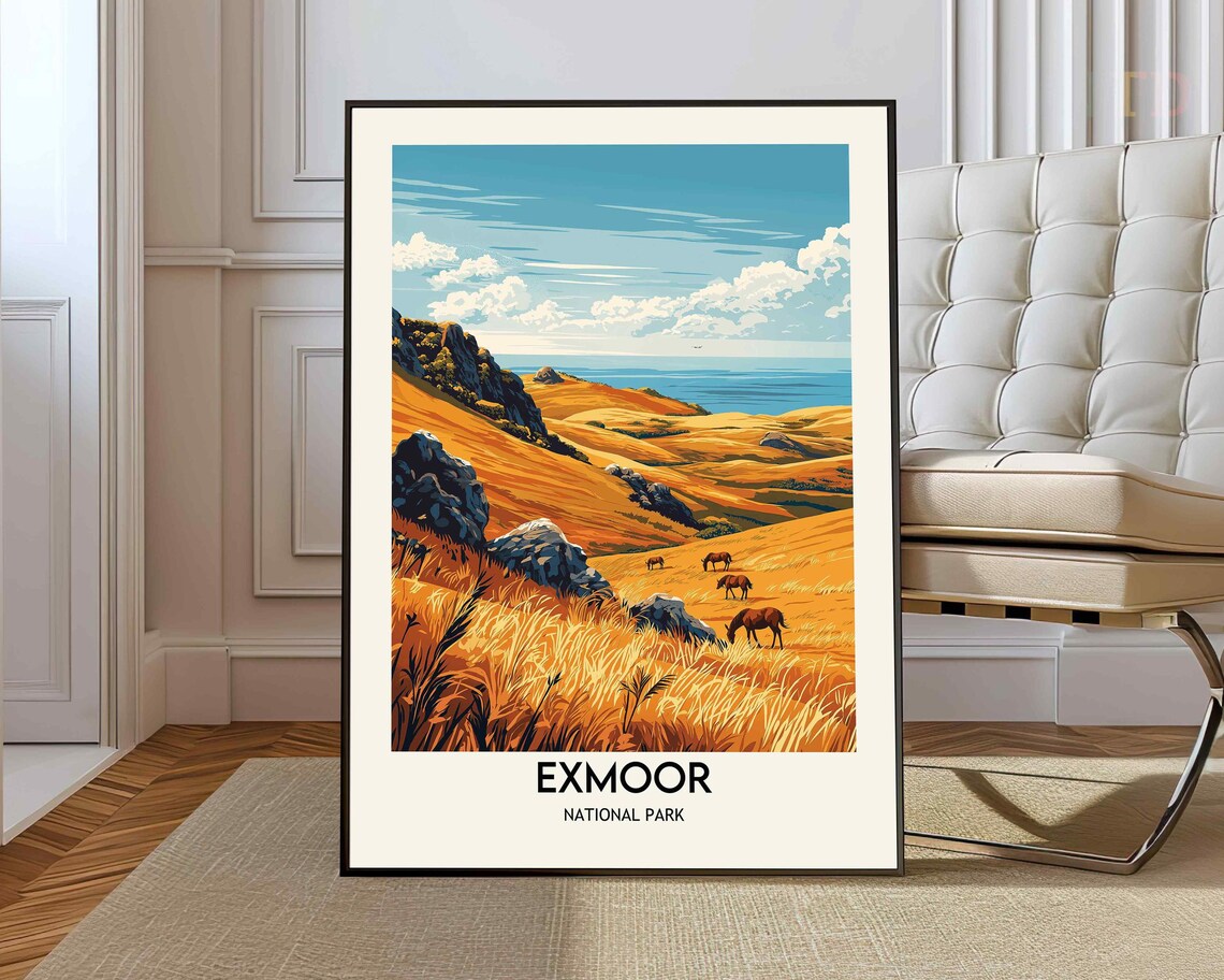Exmoor National Park Golden Moorland Horses Coast Landscape Poster