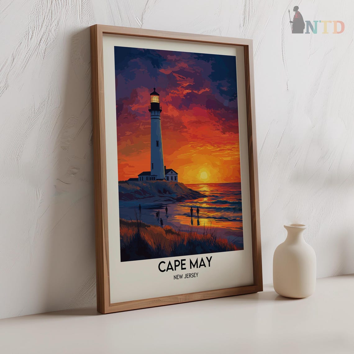 Cape May Lighthouse Sunset Beach Strollers Vintage Travel Poster - Image 2