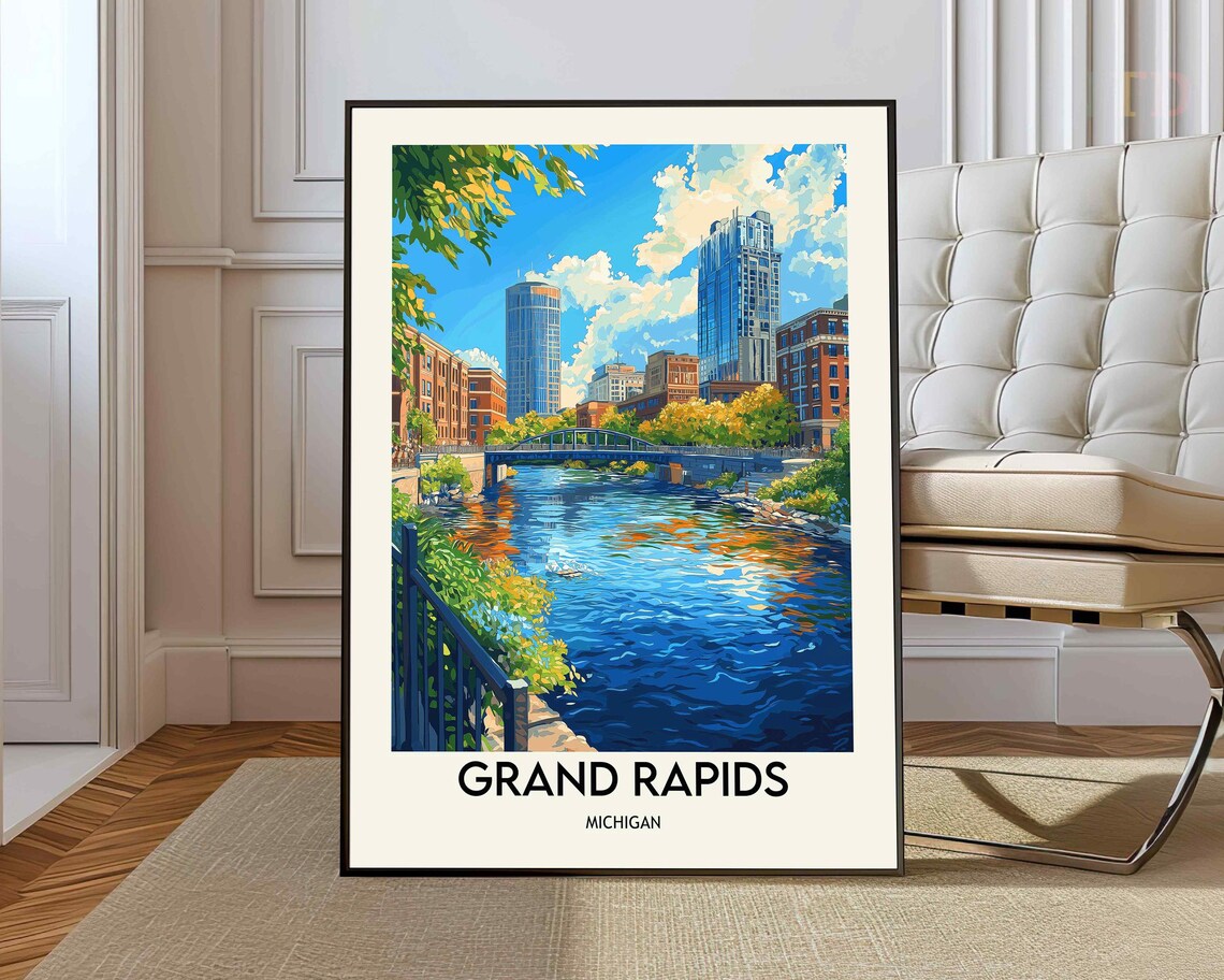 Grand Rapids Michigan Poster of the Blue Bridge over the Grand River