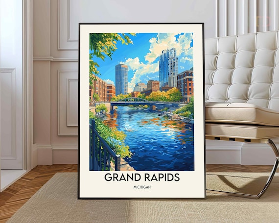 Grand Rapids Michigan Poster of the Blue Bridge over the Grand River