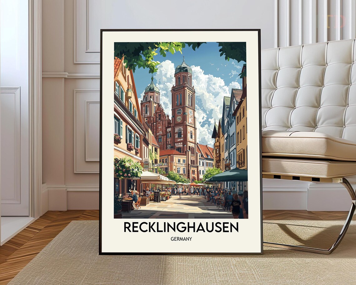 Recklinghausen Germany Church Market Square Vintage Travel Poster