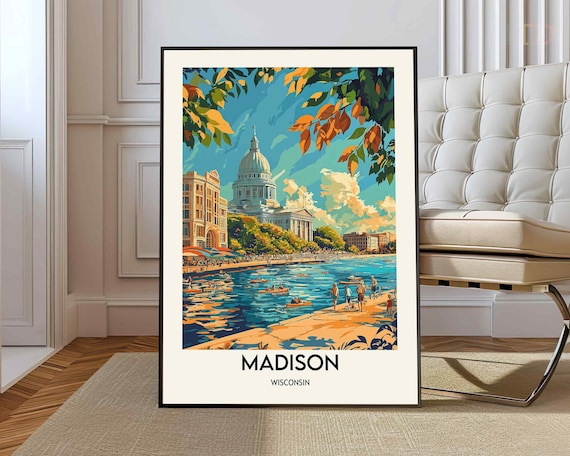 Madison Wisconsin Capitol Beach Scene Retro Lakefront Travel Poster