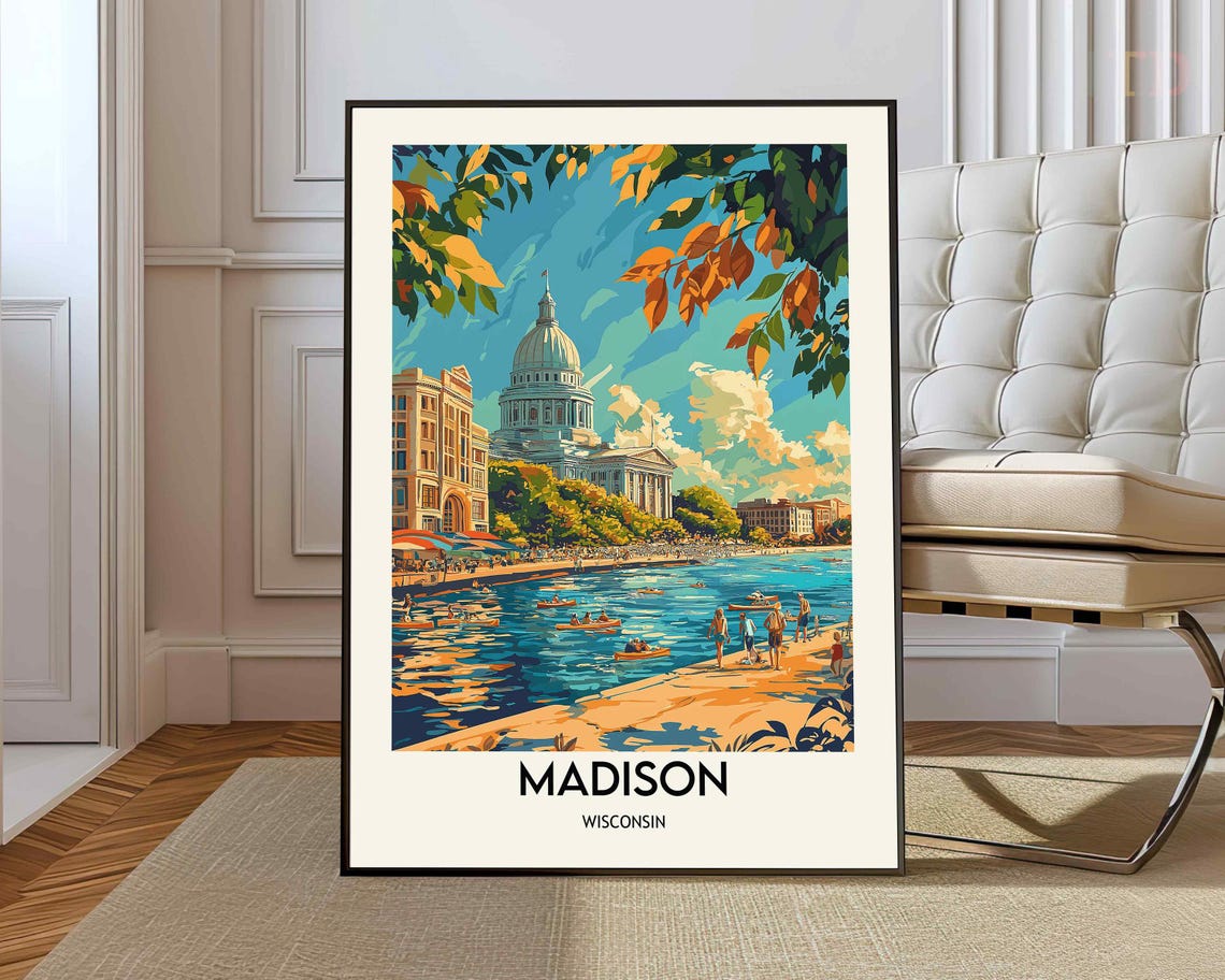 Madison Wisconsin Capitol Beach Scene Retro Lakefront Travel Poster
