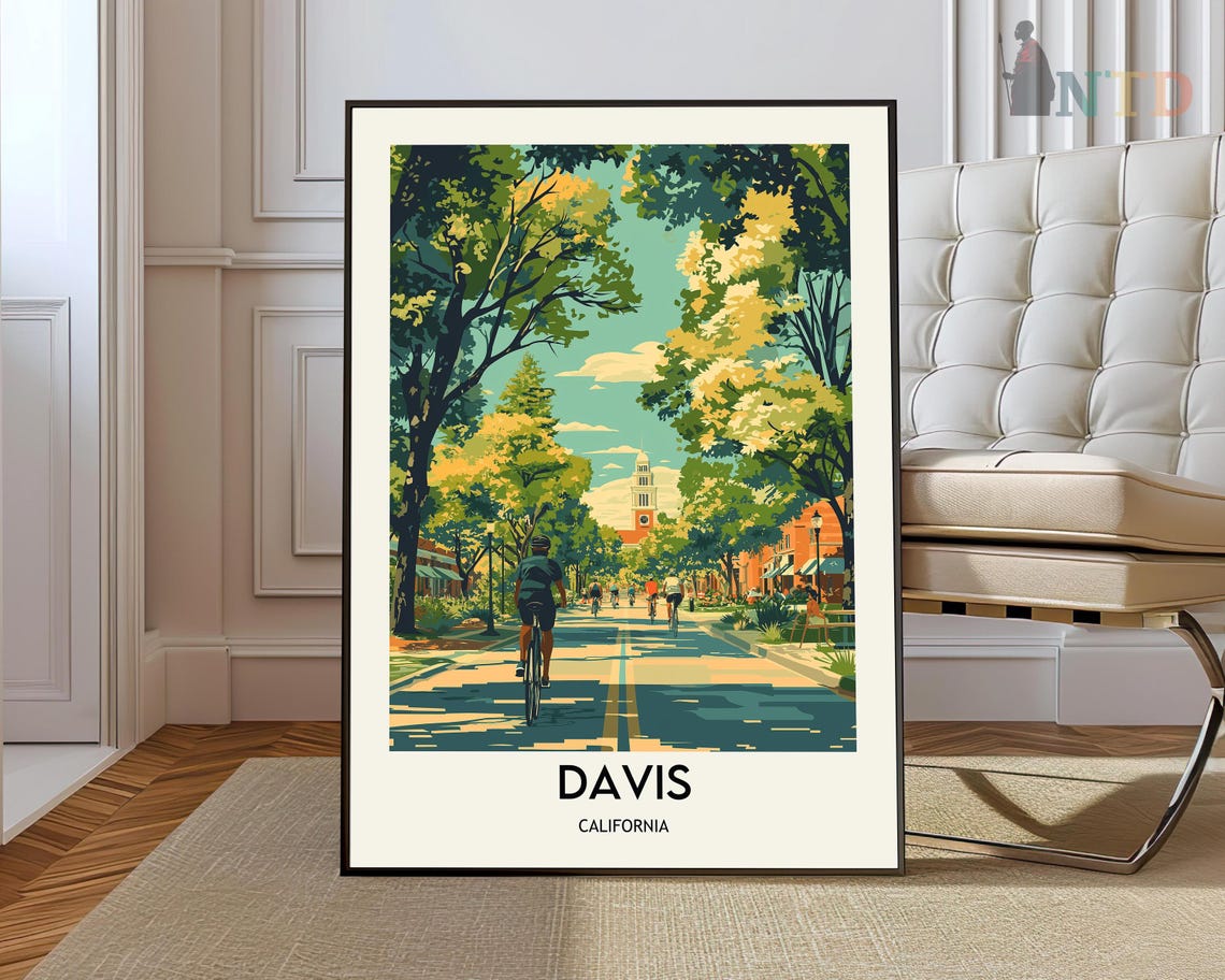 Davis California Tree Lined Bike Street Clock Tower Cyclists Poster