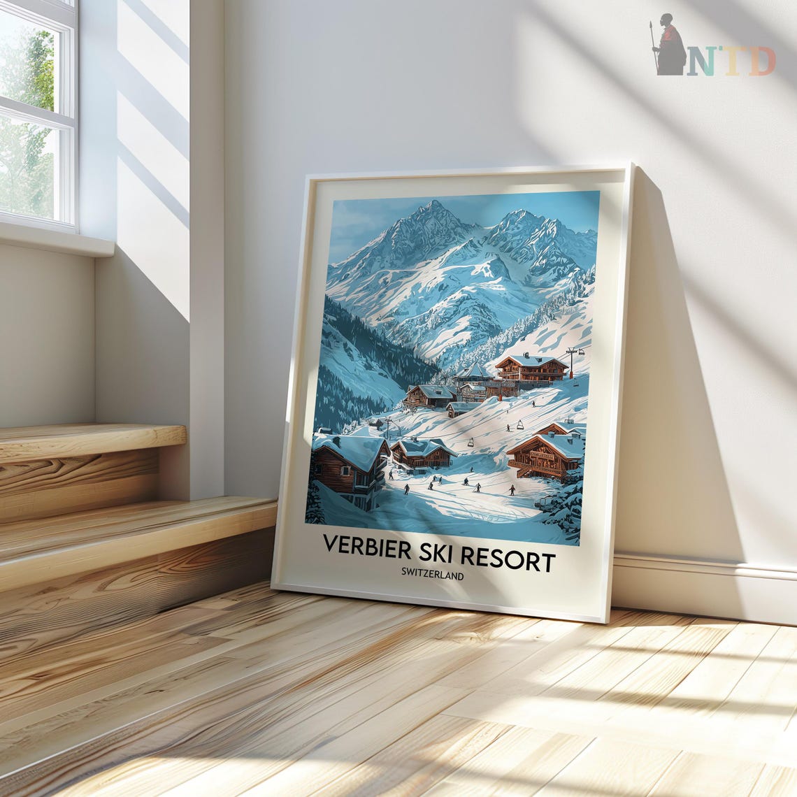 Verbier Ski Resort Snow Chalets Blue Sky Peaks Travel Poster - Image 3