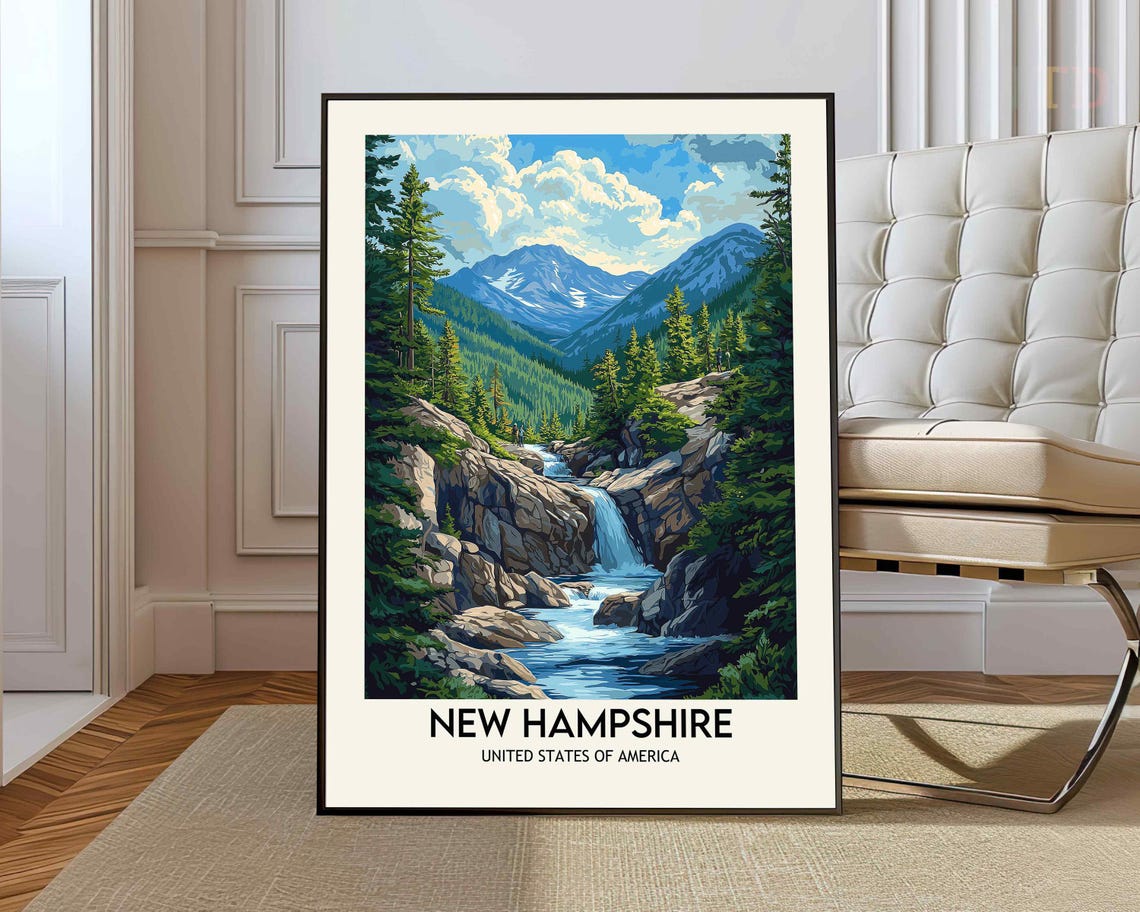 New Hampshire Waterfall And Pine Forest Mountain Travel Poster