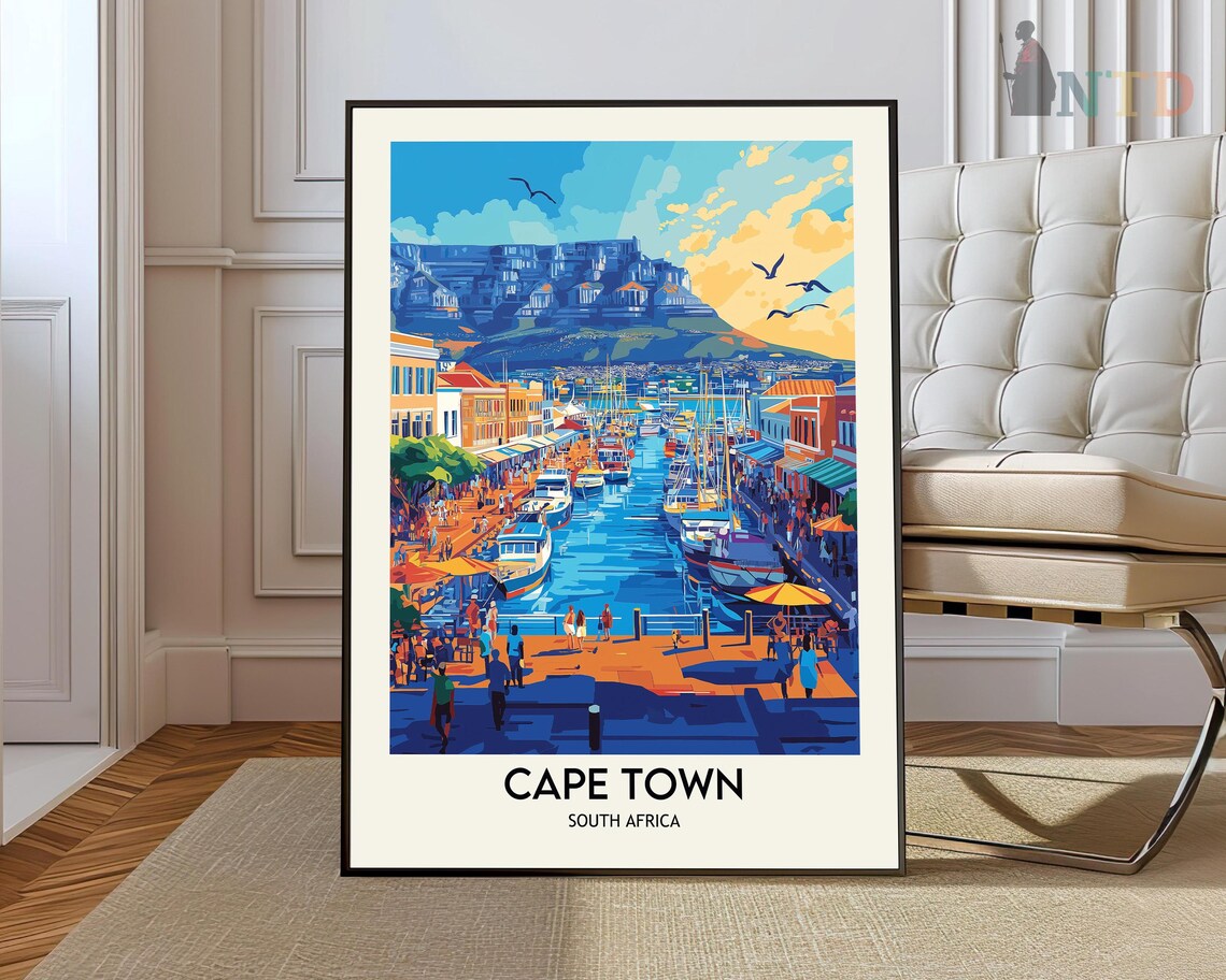 Cape Town Sunset Marina Waterfront Promenade Vintage Travel Poster