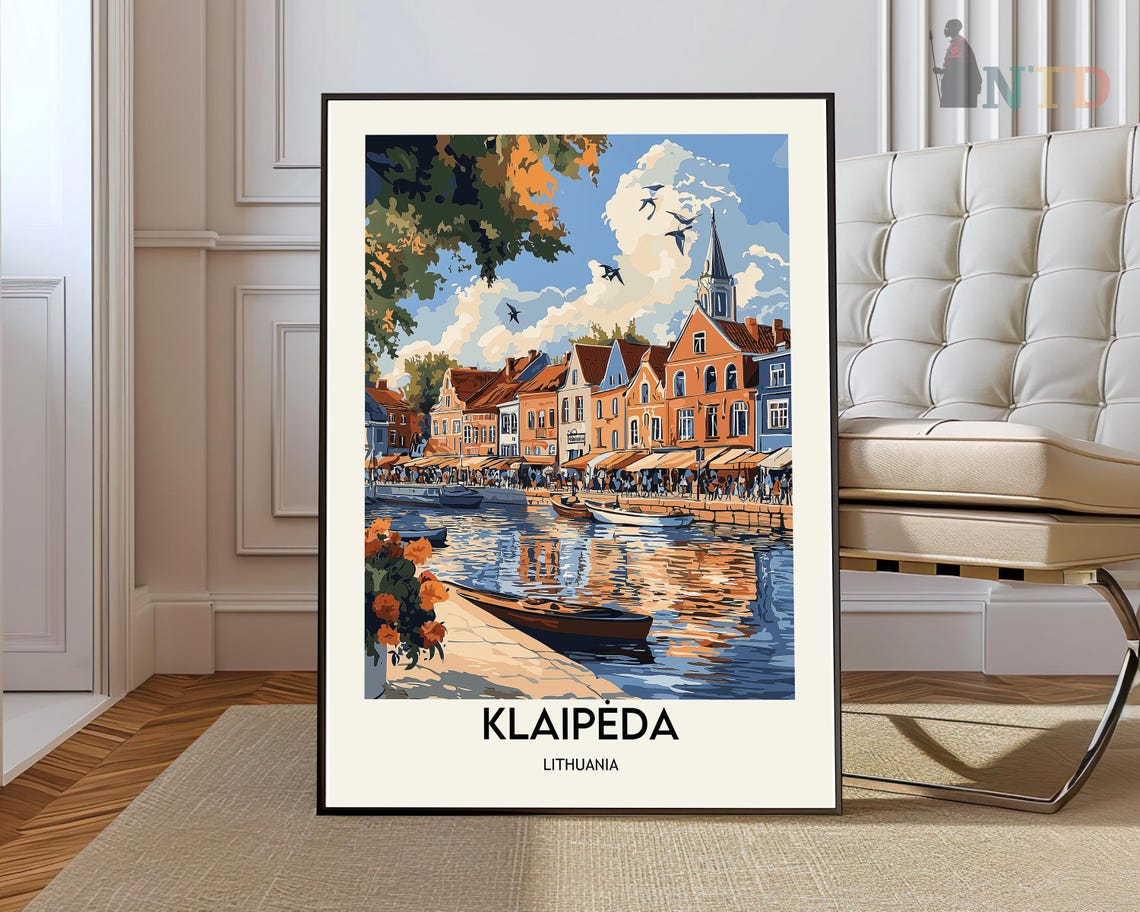 Klaipėda Lithuania Old Harbor Boats Waterfront Vintage Travel Poster