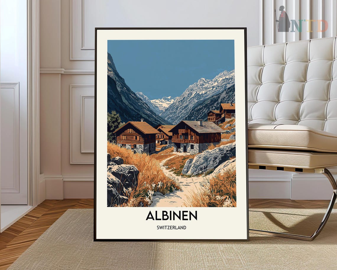 Alpine Chalets Below Snowy Peaks Albinen Switzerland Travel Poster