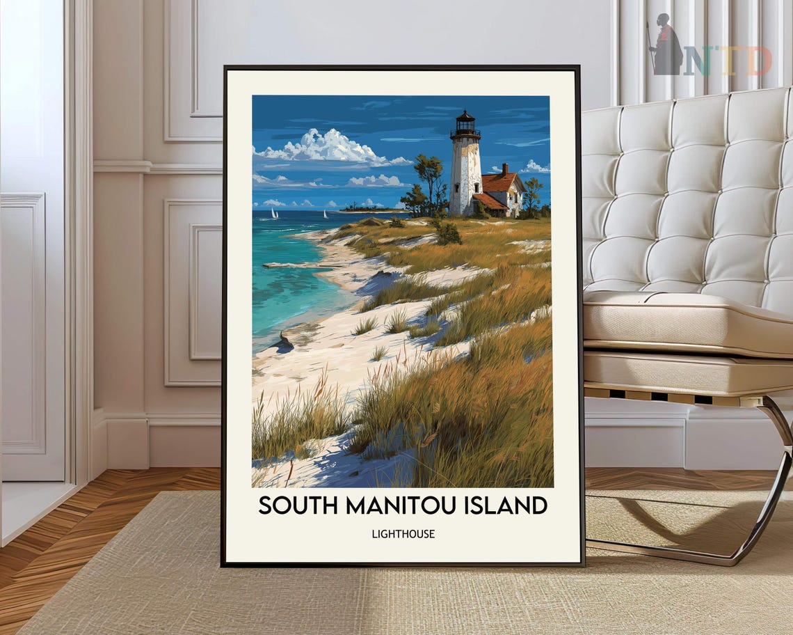 South Manitou Island Lighthouse Turquoise Beach Shore Travel Poster