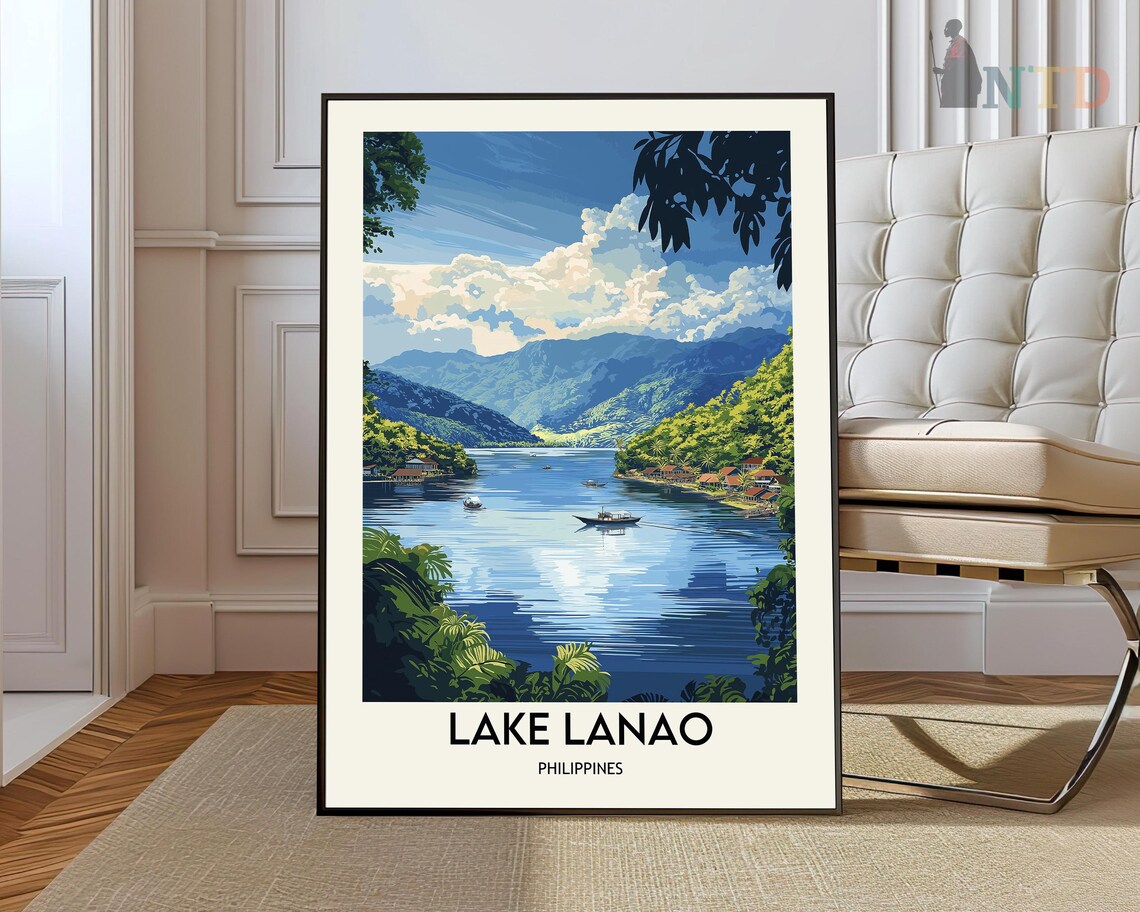 Lake Lanao Philippines Poster Boats Green Mountains Travel Wall Decor