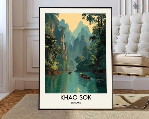 Khao Sok Thailand Karst Cliffs Emerald River Boats Travel Poster