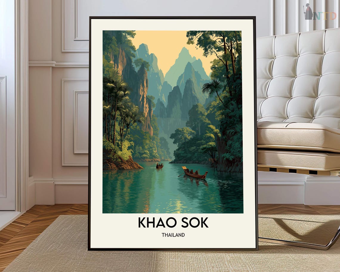 Khao Sok Thailand Karst Cliffs Emerald River Boats Travel Poster