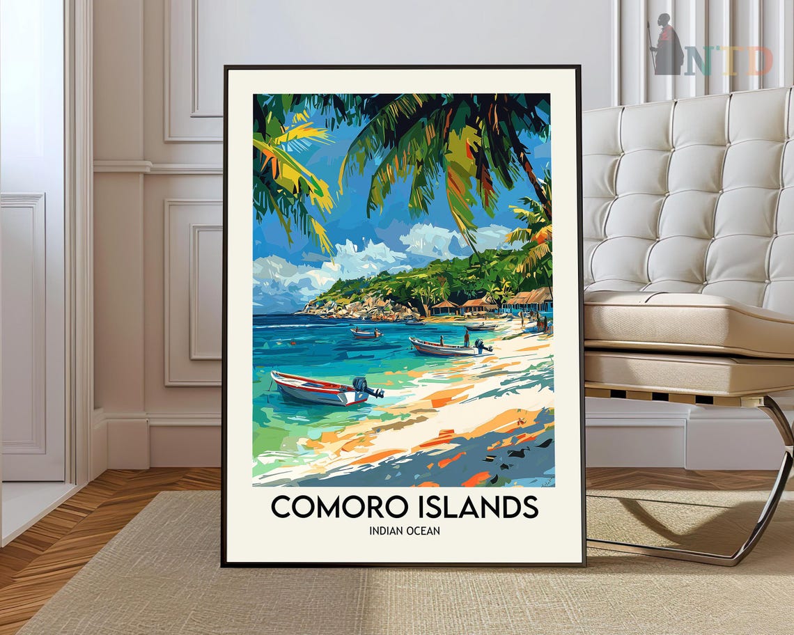 Comoro Islands Indian Ocean Tropical Beach Palm Fronds Fishing Poster