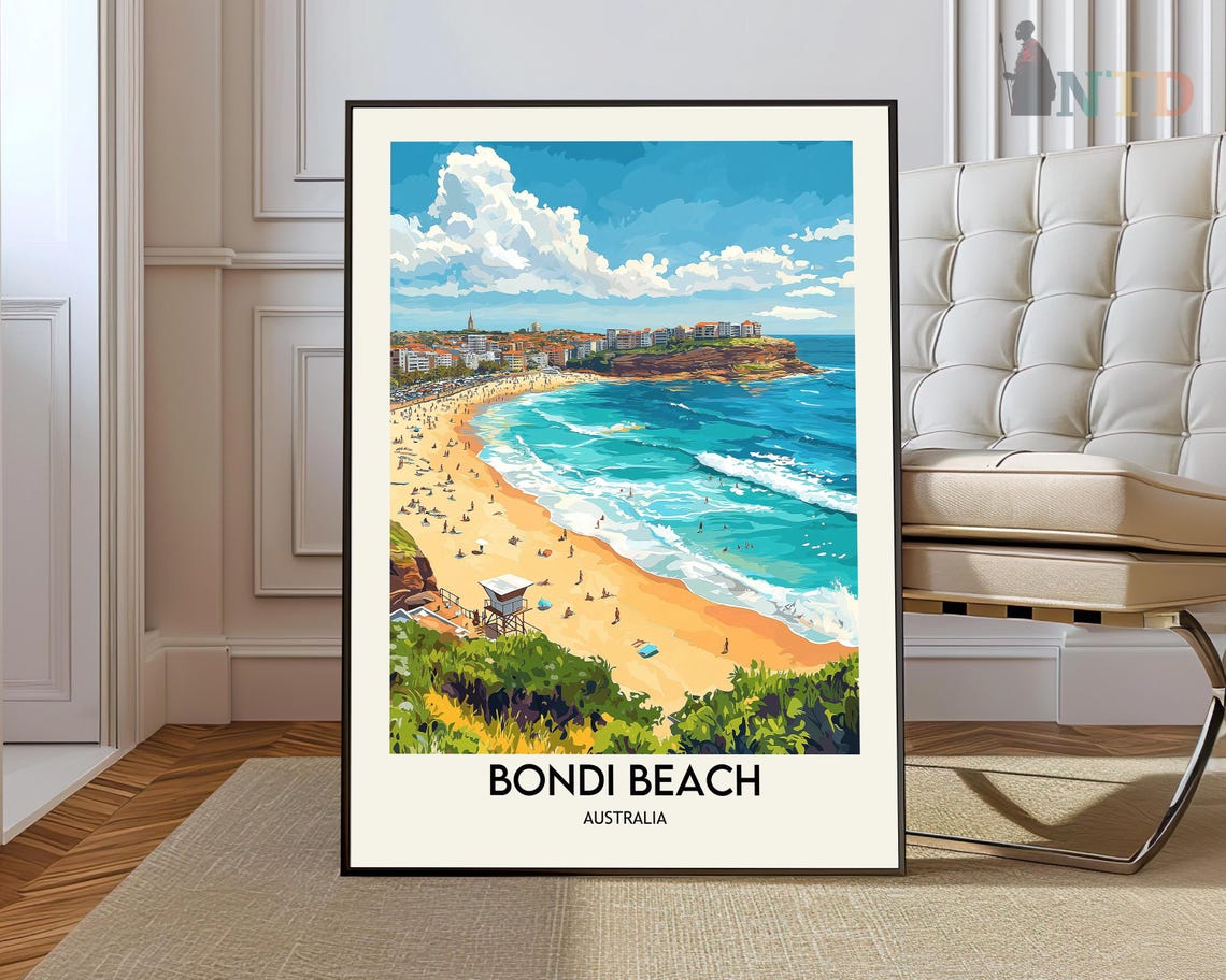 Bondi Beach Aerial View Lifeguard Tower Turquoise Waves Travel Poster