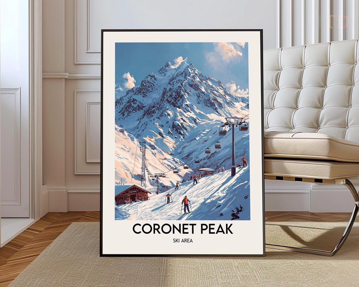 Coronet Peak Ski Area Lift Slopes Vintage New Zealand Poster