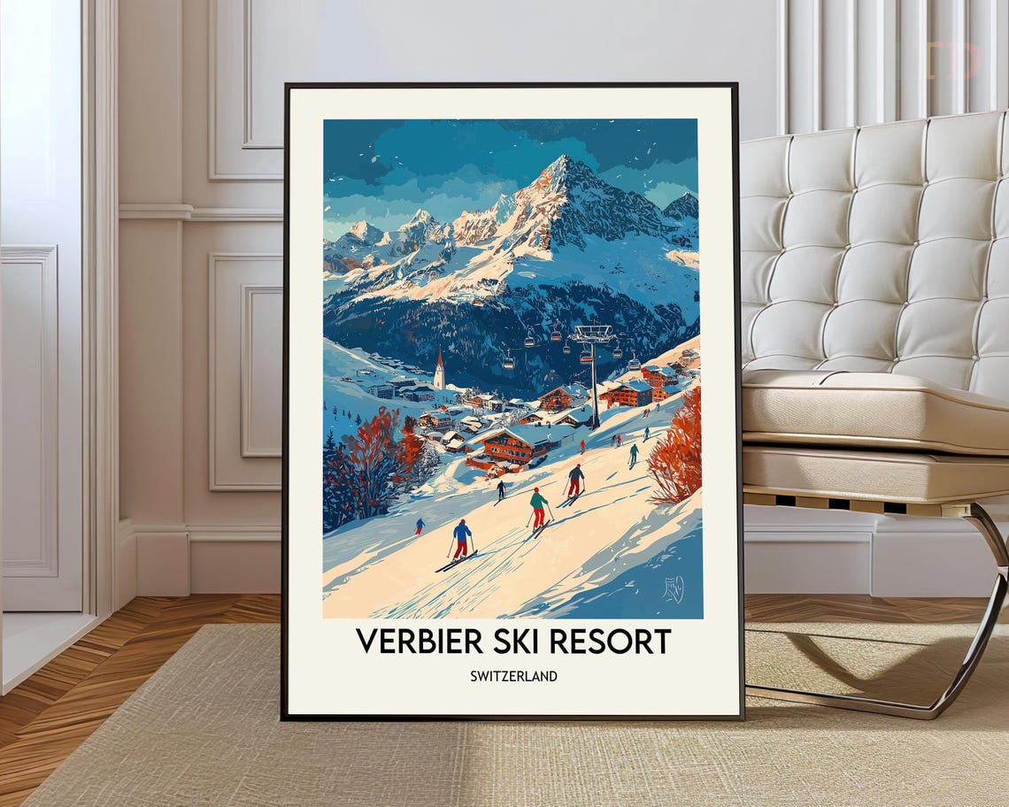Verbier Ski Resort Switzerland Poster Alpine Village Skiers Winter Art