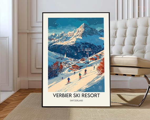 Verbier Ski Resort Switzerland Poster Alpine Village Skiers Winter Art