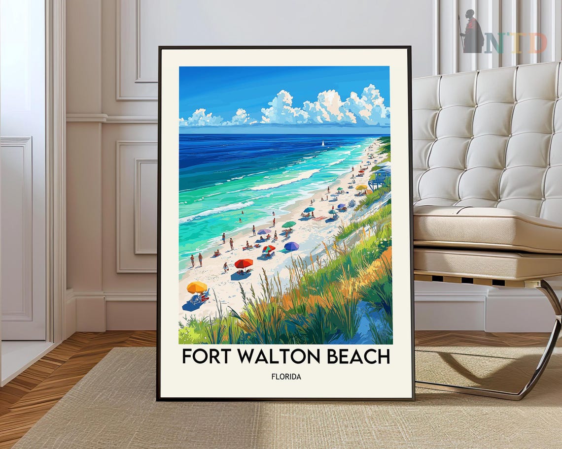 Fort Walton Beach Florida Vintage Travel Beach Scene Art Poster