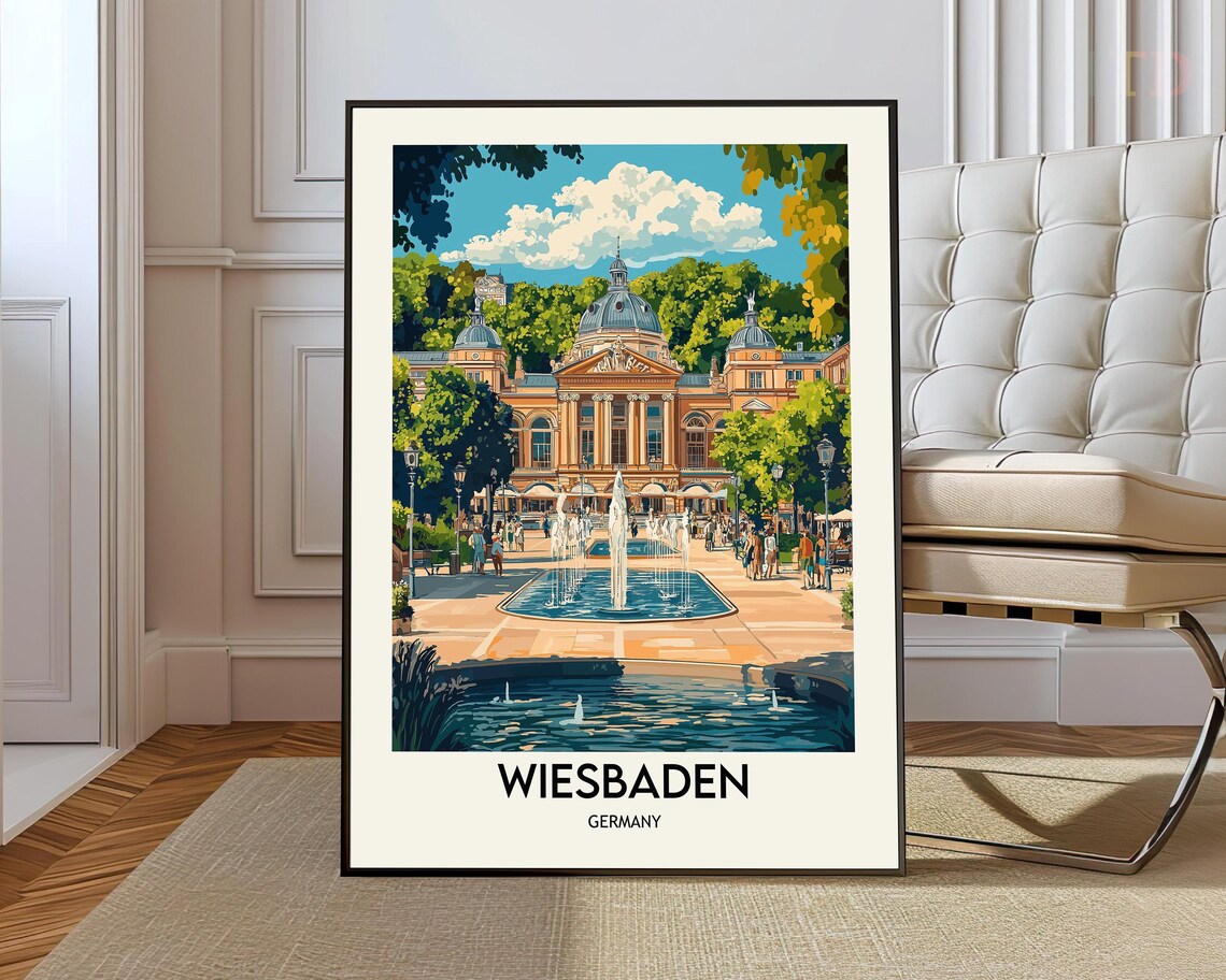 Wiesbaden Germany Spa Building and Fountain Retro Travel Poster