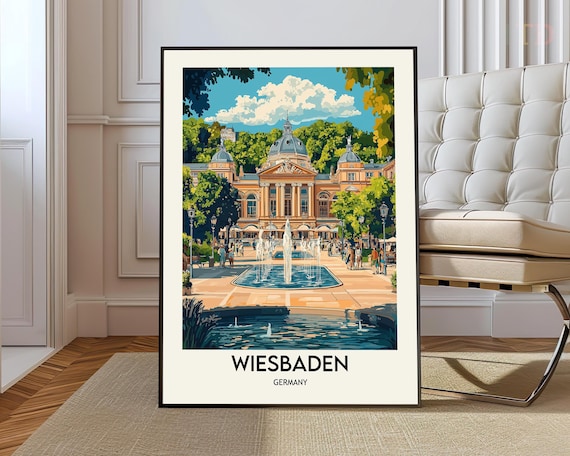 Wiesbaden Germany Spa Building and Fountain Retro Travel Poster