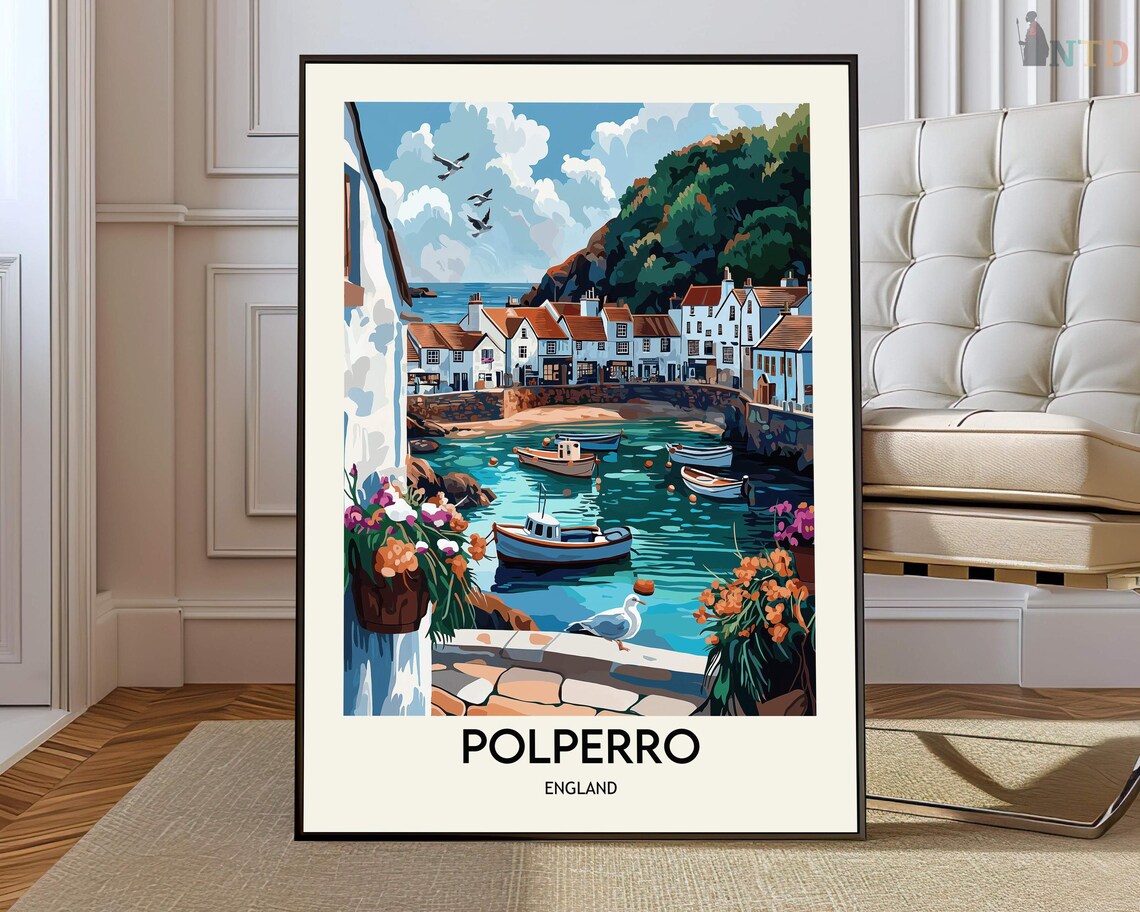 Polperro England Fishing Harbor Colorful Coastal Travel Art Poster