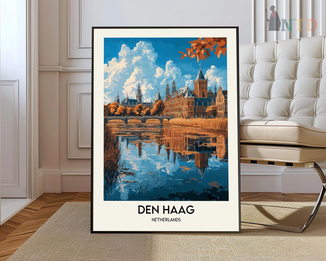 Den Haag Netherlands Autumn City Water Reflection Travel Poster