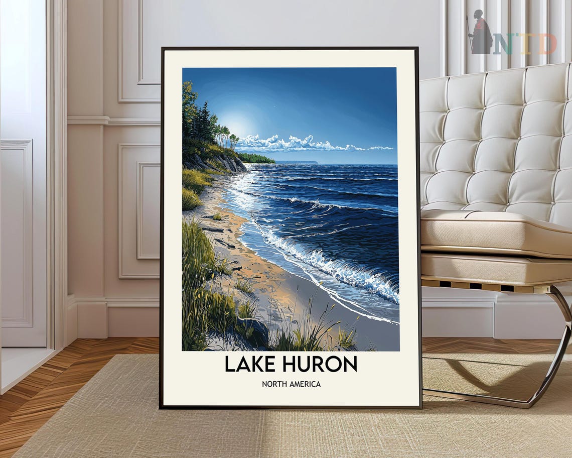 Lake Huron North America Foaming Waves Sandy Beach Travel Poster