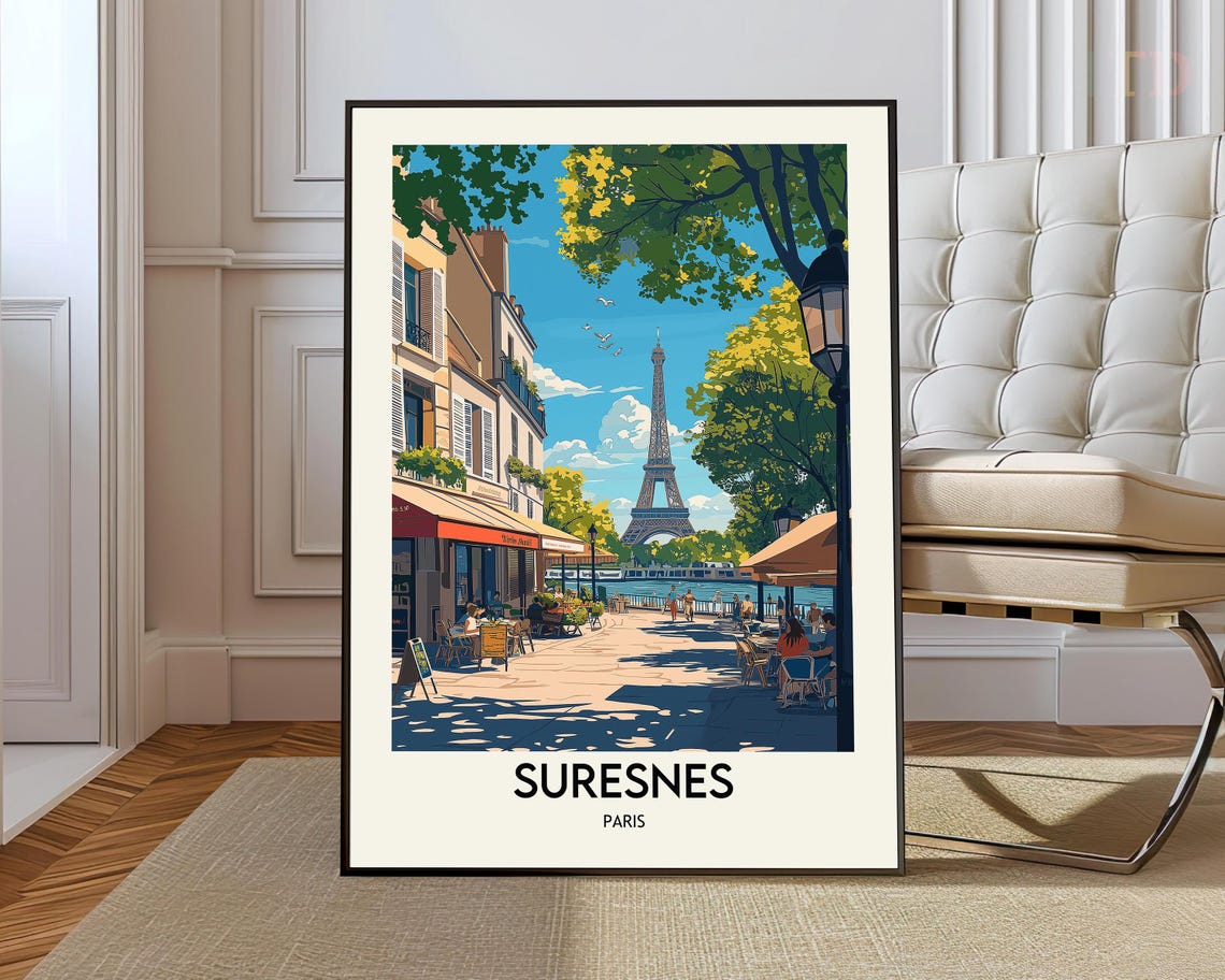 Suresnes Paris Eiffel Tower View Street Cafe Travel Poster Destination