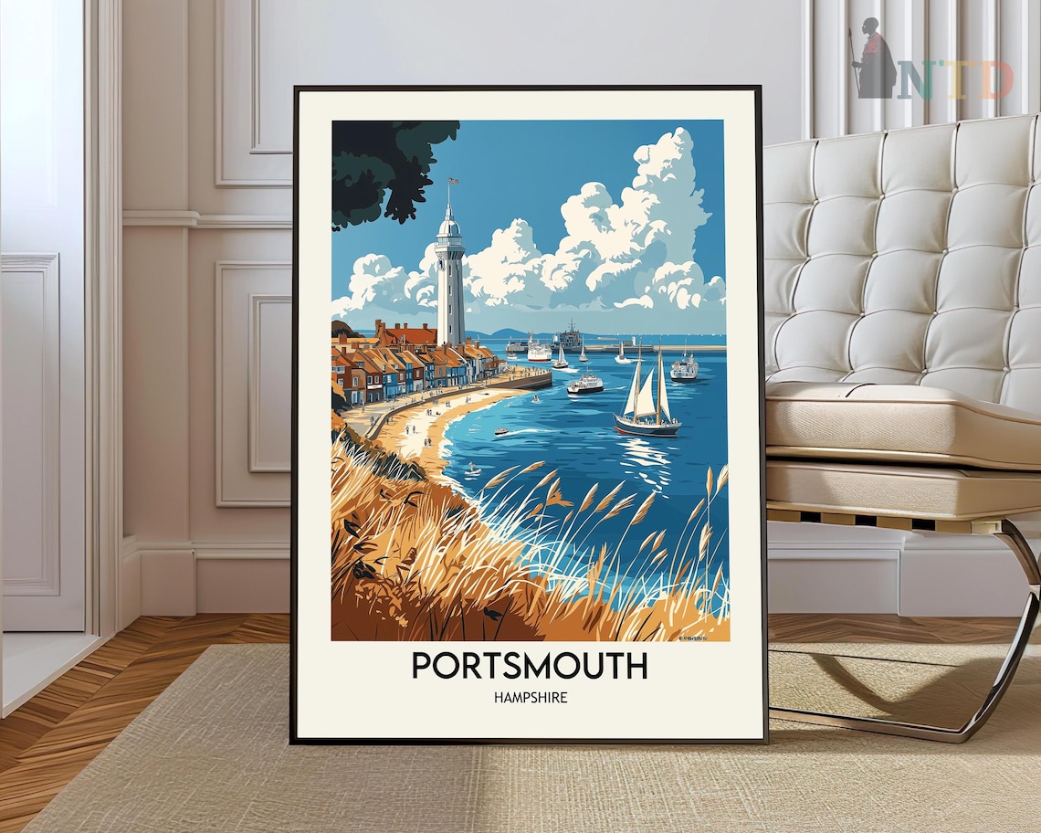 Portsmouth Hampshire Coastal Town Sailboats Retro Travel Poster