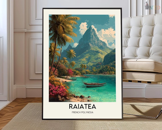 Raiatea French Polynesia Lagoon Poster Illustrated Tropical Travel Art