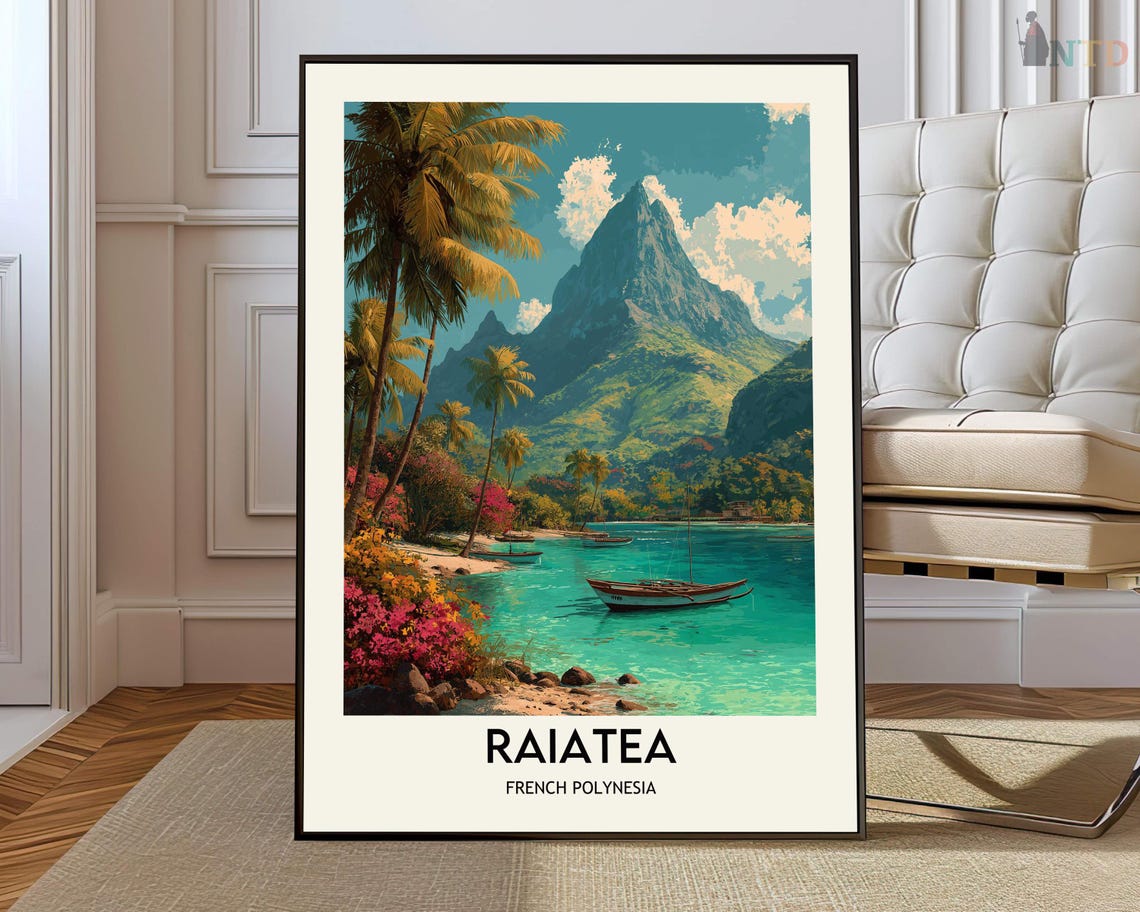 Raiatea French Polynesia Lagoon Poster Illustrated Tropical Travel Art