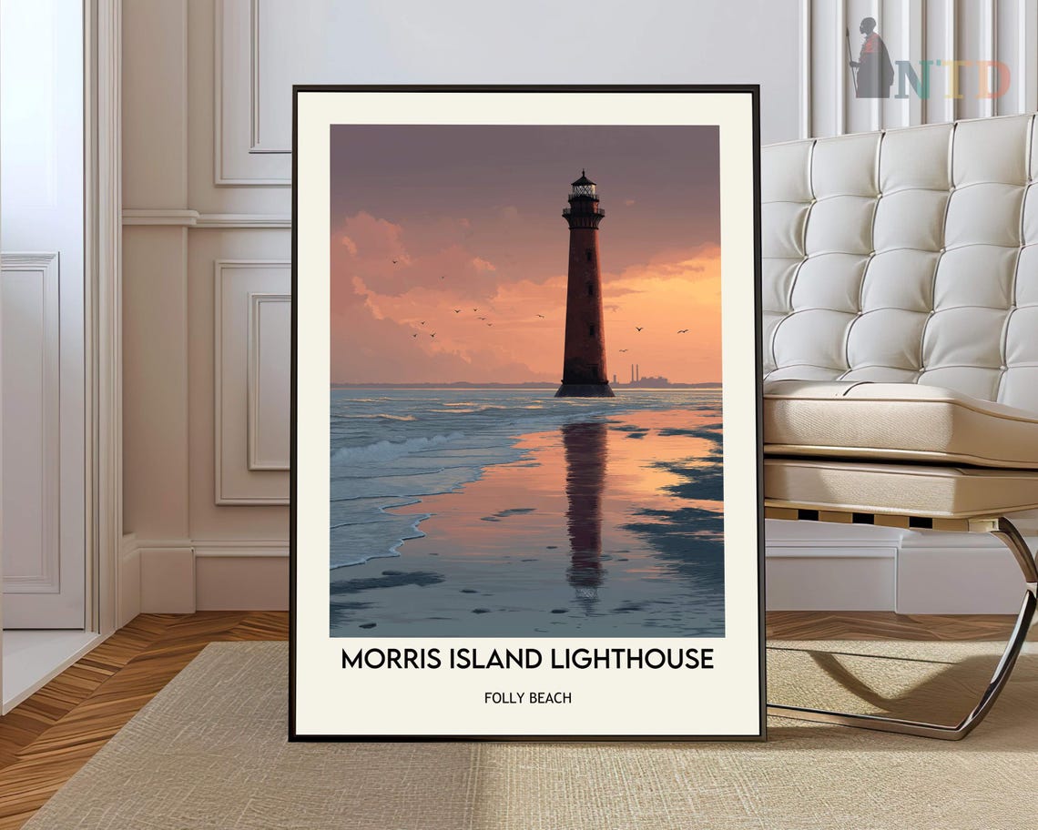 Morris Island Lighthouse Folly Beach Sunset Reflection Coastal Poster