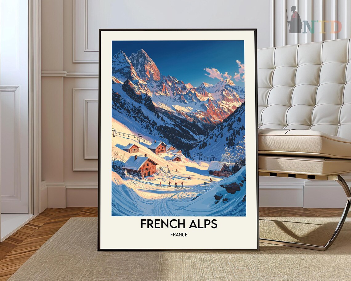 French Alps France Snowy Chalet Village Peak Vintage Travel Poster