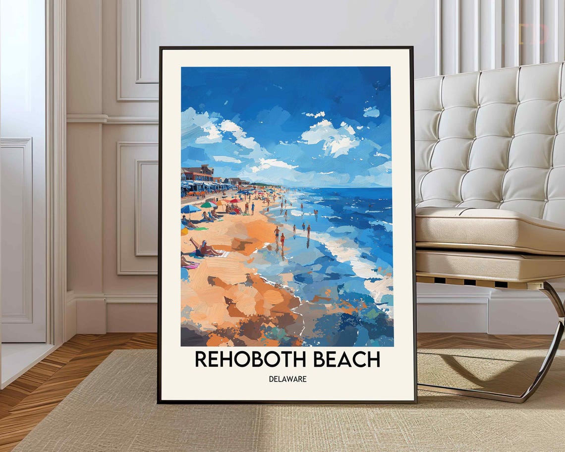 Rehoboth Beach Delaware Ocean Waves Vintage Travel Art Poster
