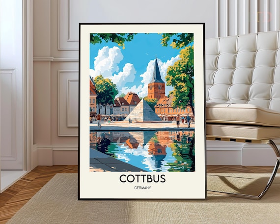 Cottbus Germany Vintage Travel Poster Market Square Fountain And Tower